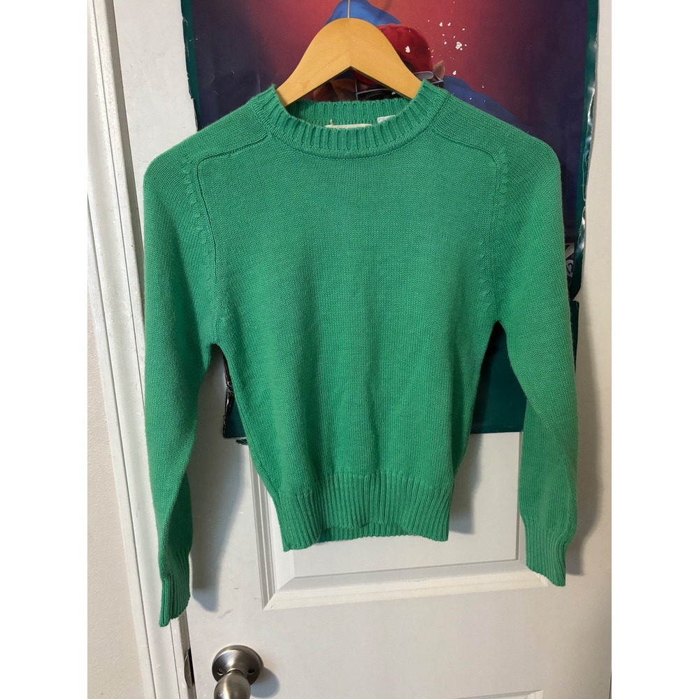 Vintage Bug Off Kelly Green Acrylic Crewneck Sweater Women Large Made in HK 70s